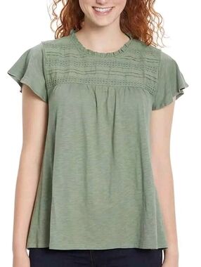 XXL Woman's Ella Moss Shirt Top Flowy Stretch Lace Trim Cap Sleeve Green Keyhole